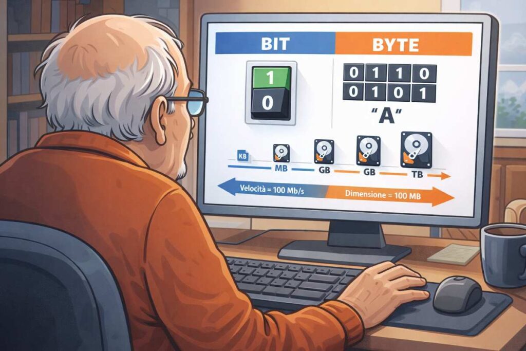 Un anziano legge la nostra meravigliosa infografica su bit e byte